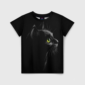 Детская футболка 3D с принтом Черный кот в Екатеринбурге, 100% гипоаллергенный полиэфир | прямой крой, круглый вырез горловины, длина до линии бедер, чуть спущенное плечо, ткань немного тянется | Тематика изображения на принте: взгляд | глаза | киса | киска | кот | котик | котяра | профиль | пушистый | усы