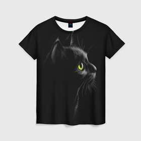 Женская футболка 3D с принтом Черный кот в Екатеринбурге, 100% полиэфир ( синтетическое хлопкоподобное полотно) | прямой крой, круглый вырез горловины, длина до линии бедер | Тематика изображения на принте: взгляд | глаза | киса | киска | кот | котик | котяра | профиль | пушистый | усы