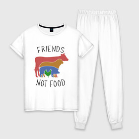 Женская пижама хлопок с принтом Друзья не еда в Екатеринбурге, 100% хлопок | брюки и футболка прямого кроя, без карманов, на брюках мягкая резинка на поясе и по низу штанин | green | greenpaece | nature | sport | vegan | yoga | веган | вегетарианец | гринпис | еда | животные | жизнь | здоровье | зеленый | йога | корова | мир | овощи | пища | планета | природа | растение | спорт | тело | фрукты