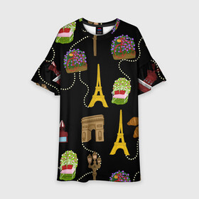 Детское платье 3D с принтом Париж в Екатеринбурге, 100% полиэстер | прямой силуэт, чуть расширенный к низу. Круглая горловина, на рукавах — воланы | Тематика изображения на принте: paris | арка | бусы | велик | города | круассан | лето | мулен руж | париж | романтика | сладости | цветы | черный | эйфелева башня | юежевый