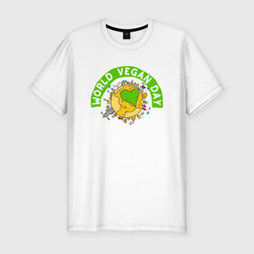 Мужская футболка хлопок Slim с принтом World Vegan Day в Екатеринбурге, 92% хлопок, 8% лайкра | приталенный силуэт, круглый вырез ворота, длина до линии бедра, короткий рукав | green | greenpaece | nature | sport | vegan | yoga | веган | вегетарианец | гринпис | еда | животные | жизнь | здоровье | зеленый | йога | мир | овощи | пища | планета | природа | растение | спорт | тело | фрукты