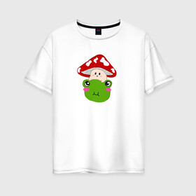 Женская футболка хлопок Oversize с принтом Милый мухомор и лягушка  в Екатеринбурге, 100% хлопок | свободный крой, круглый ворот, спущенный рукав, длина до линии бедер
 | гриб | жаба | лягушка | мухомор | растение