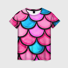 Женская футболка 3D с принтом Морская Чешуя! в Екатеринбурге, 100% полиэфир ( синтетическое хлопкоподобное полотно) | прямой крой, круглый вырез горловины, длина до линии бедер | краски | мозаика. | море | неон | отдых | пляж | чешуя