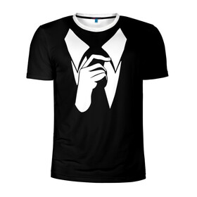 Мужская футболка 3D спортивная с принтом Смокинг | Поправляю галстук в Екатеринбурге, 100% полиэстер с улучшенными характеристиками | приталенный силуэт, круглая горловина, широкие плечи, сужается к линии бедра | анонимус. | галстук | люди в чёрном | минимализм | рубашка | строгость