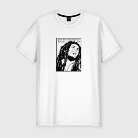 Мужская футболка хлопок Slim с принтом Боб Марли в Екатеринбурге, 92% хлопок, 8% лайкра | приталенный силуэт, круглый вырез ворота, длина до линии бедра, короткий рукав | вокалист | гитарист | композитор | музыкант | портрет | цитата | черно белое
