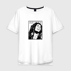 Мужская футболка хлопок Oversize с принтом Боб Марли в Екатеринбурге, 100% хлопок | свободный крой, круглый ворот, “спинка” длиннее передней части | вокалист | гитарист | композитор | музыкант | портрет | цитата | черно белое