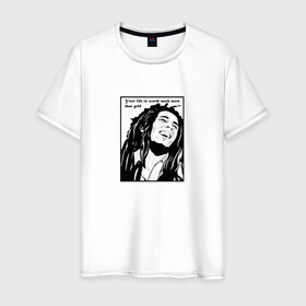 Мужская футболка хлопок с принтом Боб Марли в Екатеринбурге, 100% хлопок | прямой крой, круглый вырез горловины, длина до линии бедер, слегка спущенное плечо. | вокалист | гитарист | композитор | музыкант | портрет | цитата | черно белое