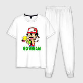 Мужская пижама хлопок с принтом Go Vegan в Екатеринбурге, 100% хлопок | брюки и футболка прямого кроя, без карманов, на брюках мягкая резинка на поясе и по низу штанин
 | green | greenpaece | nature | sport | vegan | yoga | веган | вегетарианец | гринпис | еда | животные | жизнь | здоровье | зеленый | йога | мир | овощи | пища | планета | природа | растение | спорт | тело | фрукты