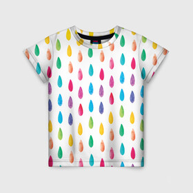 Детская футболка 3D с принтом Акварельные капли в Екатеринбурге, 100% гипоаллергенный полиэфир | прямой крой, круглый вырез горловины, длина до линии бедер, чуть спущенное плечо, ткань немного тянется | Тематика изображения на принте: artist | coloful | colored | draw | drops | rain | rainbow | watercolor | акварель | дождь | капли | радужный | художник