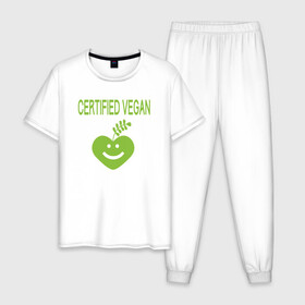 Мужская пижама хлопок с принтом Проверенный веган в Екатеринбурге, 100% хлопок | брюки и футболка прямого кроя, без карманов, на брюках мягкая резинка на поясе и по низу штанин
 | green | greenpaece | nature | sport | vegan | yoga | веган | вегетарианец | гринпис | еда | животные | жизнь | здоровье | зеленый | йога | мир | овощи | пища | планета | природа | растение | спорт | тело | фрукты