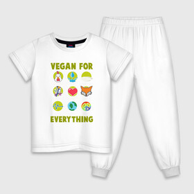 Детская пижама хлопок с принтом Vegan For Everything в Екатеринбурге, 100% хлопок |  брюки и футболка прямого кроя, без карманов, на брюках мягкая резинка на поясе и по низу штанин
 | green | greenpaece | nature | sport | vegan | yoga | веган | вегетарианец | гринпис | еда | животные | жизнь | здоровье | зеленый | йога | мир | овощи | пища | планета | природа | растение | спорт | тело | фрукты