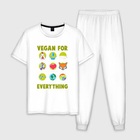 Мужская пижама хлопок с принтом Vegan For Everything в Екатеринбурге, 100% хлопок | брюки и футболка прямого кроя, без карманов, на брюках мягкая резинка на поясе и по низу штанин
 | Тематика изображения на принте: green | greenpaece | nature | sport | vegan | yoga | веган | вегетарианец | гринпис | еда | животные | жизнь | здоровье | зеленый | йога | мир | овощи | пища | планета | природа | растение | спорт | тело | фрукты