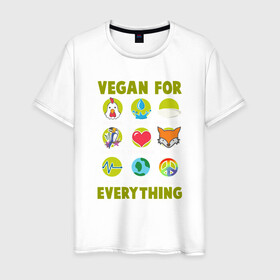 Мужская футболка хлопок с принтом Vegan For Everything в Екатеринбурге, 100% хлопок | прямой крой, круглый вырез горловины, длина до линии бедер, слегка спущенное плечо. | green | greenpaece | nature | sport | vegan | yoga | веган | вегетарианец | гринпис | еда | животные | жизнь | здоровье | зеленый | йога | мир | овощи | пища | планета | природа | растение | спорт | тело | фрукты