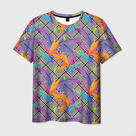 Мужская футболка 3D с принтом Тропические цветы и узоры в Екатеринбурге, 100% полиэфир | прямой крой, круглый вырез горловины, длина до линии бедер | абстракция | геометрия | лето | линии | паттерн | текстуры | узоры
