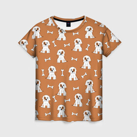 Женская футболка 3D с принтом Пёс и кость в Екатеринбурге, 100% полиэфир ( синтетическое хлопкоподобное полотно) | прямой крой, круглый вырез горловины, длина до линии бедер |  кость |  питомец | домашнее животное | кости | косточка | косточки | любителям собак | пёс | пёсик | пёсики | псы | собака | собаки | собачка | собачки | узор | щенки | щенок