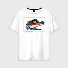 Женская футболка хлопок Oversize с принтом Крокодил  в Екатеринбурге, 100% хлопок | свободный крой, круглый ворот, спущенный рукав, длина до линии бедер
 | арт | рисунок | хищник