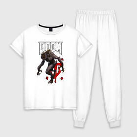 Женская пижама хлопок с принтом DOOM (ЧУДОВИЩЕ) в Екатеринбурге, 100% хлопок | брюки и футболка прямого кроя, без карманов, на брюках мягкая резинка на поясе и по низу штанин | doom | doom eternal | doom monster | eternal | дум | дуум