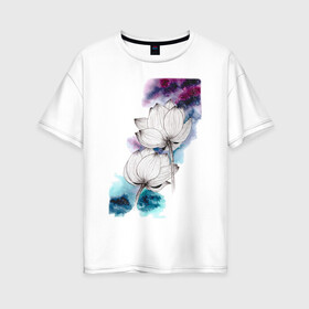 Женская футболка хлопок Oversize с принтом Лотосы и космос в Екатеринбурге, 100% хлопок | свободный крой, круглый ворот, спущенный рукав, длина до линии бедер
 | акварель | галактика | графика | звезды | космос | лотосы | цветы