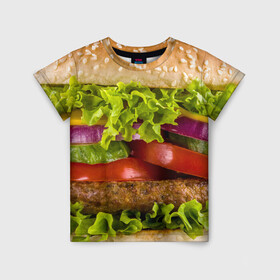 Детская футболка 3D с принтом Бургер в Екатеринбурге, 100% гипоаллергенный полиэфир | прямой крой, круглый вырез горловины, длина до линии бедер, чуть спущенное плечо, ткань немного тянется | Тематика изображения на принте: биг мак | бигмак | бургер | мясо | салат | чизбургер