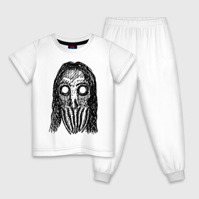 Детская пижама хлопок с принтом Череп с волосами и щупальцами в Екатеринбурге, 100% хлопок |  брюки и футболка прямого кроя, без карманов, на брюках мягкая резинка на поясе и по низу штанин
 | dead | halloween | horror | lovecraft | skull | suspense | witch | zombie