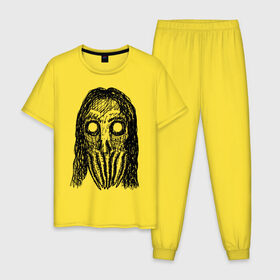 Мужская пижама хлопок с принтом Череп с волосами и щупальцами в Екатеринбурге, 100% хлопок | брюки и футболка прямого кроя, без карманов, на брюках мягкая резинка на поясе и по низу штанин
 | dead | halloween | horror | lovecraft | skull | suspense | witch | zombie