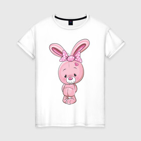 Женская футболка хлопок с принтом Плюшевый зайка в Екатеринбурге, 100% хлопок | прямой крой, круглый вырез горловины, длина до линии бедер, слегка спущенное плечо | бант | бантик | животное | зайка | зайчик | заяц | зверь | кролик | сердечко | сердце | уши