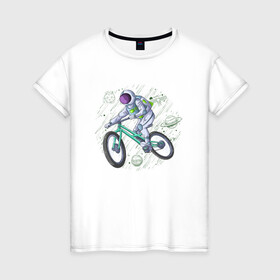 Женская футболка хлопок с принтом Астробайкер в Екатеринбурге, 100% хлопок | прямой крой, круглый вырез горловины, длина до линии бедер, слегка спущенное плечо | астронавт | велобайк | галактика | звёзды | иллюстрация