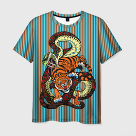 Мужская футболка 3D с принтом Тигры Змея Полосы в Екатеринбурге, 100% полиэфир | прямой крой, круглый вырез горловины, длина до линии бедер | beast | fight | snake | tiger | борьба | животные | звери | змеи | зубы | когти | кошки | полосатый | полосы | тигры | узор