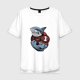 Мужская футболка хлопок Oversize с принтом Акула в Екатеринбурге, 100% хлопок | свободный крой, круглый ворот, “спинка” длиннее передней части | акула | бодибилдер | зубы | морской | первое место | первый | рыба | хищник