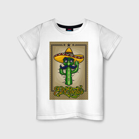 Детская футболка хлопок с принтом El Cactus - Кактус Мексиканец в Екатеринбурге, 100% хлопок | круглый вырез горловины, полуприлегающий силуэт, длина до линии бедер | cactus | green | humour | mexico | mustache | sand | vegan | vegetable | vegetarian | арт | жара | кактус | комикс | лето | мексика | персонаж | пустыня | сомбреро | усы