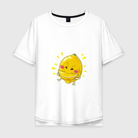 Мужская футболка хлопок Oversize с принтом Лимон каннибал  в Екатеринбурге, 100% хлопок | свободный крой, круглый ворот, “спинка” длиннее передней части | Тематика изображения на принте: долька | кислый | лимон | лицо | фрукт | фрукты