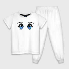 Детская пижама хлопок с принтом Глазки аниме в Екатеринбурге, 100% хлопок |  брюки и футболка прямого кроя, без карманов, на брюках мягкая резинка на поясе и по низу штанин
 | Тематика изображения на принте: anime | baby | blue | cartoon | cute | emoji | emotion | eyes | face | kawaii | аниме | большие глаза | брови | взгляд | глаза | глазки | голубые глаза | детям | зрачок | каваи | кавайный | лицо | малыш | милый взгляд | мультяшный | очи