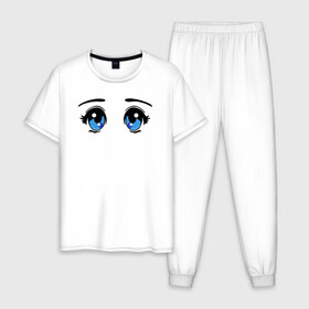 Мужская пижама хлопок с принтом Глазки аниме в Екатеринбурге, 100% хлопок | брюки и футболка прямого кроя, без карманов, на брюках мягкая резинка на поясе и по низу штанин
 | anime | baby | blue | cartoon | cute | emoji | emotion | eyes | face | kawaii | аниме | большие глаза | брови | взгляд | глаза | глазки | голубые глаза | детям | зрачок | каваи | кавайный | лицо | малыш | милый взгляд | мультяшный | очи