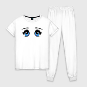 Женская пижама хлопок с принтом Глазки аниме в Екатеринбурге, 100% хлопок | брюки и футболка прямого кроя, без карманов, на брюках мягкая резинка на поясе и по низу штанин | anime | baby | blue | cartoon | cute | emoji | emotion | eyes | face | kawaii | аниме | большие глаза | брови | взгляд | глаза | глазки | голубые глаза | детям | зрачок | каваи | кавайный | лицо | малыш | милый взгляд | мультяшный | очи