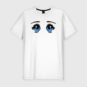 Мужская футболка хлопок Slim с принтом Глазки аниме в Екатеринбурге, 92% хлопок, 8% лайкра | приталенный силуэт, круглый вырез ворота, длина до линии бедра, короткий рукав | anime | baby | blue | cartoon | cute | emoji | emotion | eyes | face | kawaii | аниме | большие глаза | брови | взгляд | глаза | глазки | голубые глаза | детям | зрачок | каваи | кавайный | лицо | малыш | милый взгляд | мультяшный | очи