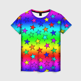 Женская футболка 3D с принтом Радужные звезды в Екатеринбурге, 100% полиэфир ( синтетическое хлопкоподобное полотно) | прямой крой, круглый вырез горловины, длина до линии бедер | baby | children | girl | gradient | kids | neon | rainbow | space | stars | градиент | девчачие | девчачье | детские | детский рисунок | звездочки | звезды | космос | красочные | малышам | неоновые | ночные | радуга | разноцветные