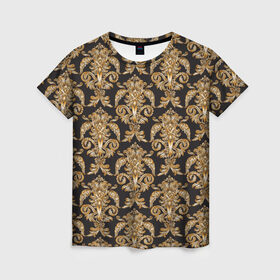 Женская футболка 3D с принтом золотые узоры в Екатеринбурге, 100% полиэфир ( синтетическое хлопкоподобное полотно) | прямой крой, круглый вырез горловины, длина до линии бедер | versace | абстракция | версаче | золотые узоры | паттерн | текстуры | узоры