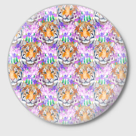 Значок с принтом Тигр в цветах в Екатеринбурге,  металл | круглая форма, металлическая застежка в виде булавки | абстракция | крупная кошка | паттерн | текстуры | тигр | тигры | узоры
