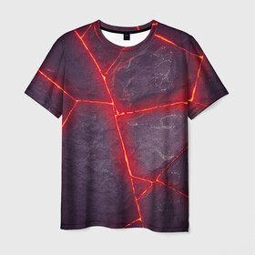 Мужская футболка 3D с принтом ЛАВА ПОД ПЛИТОЙ в Екатеринбурге, 100% полиэфир | прямой крой, круглый вырез горловины, длина до линии бедер | лава | неон | плиты | текстура | трещина