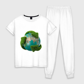 Женская пижама хлопок с принтом Чистая планета в Екатеринбурге, 100% хлопок | брюки и футболка прямого кроя, без карманов, на брюках мягкая резинка на поясе и по низу штанин | зеленая планета | переработка | планета | сортировка | сортировка мусора | стрелочки | чистая планета | экология