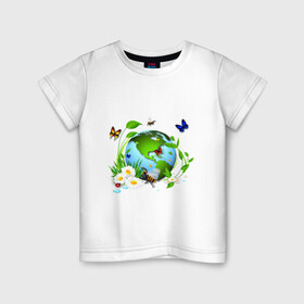 Детская футболка хлопок с принтом Чистая планета в Екатеринбурге, 100% хлопок | круглый вырез горловины, полуприлегающий силуэт, длина до линии бедер | бабочка | бабочки | зеленая планета | зелень | земля | листья | оса | планета | пчела | растения | ромашки | цветы | чистая планета | экология