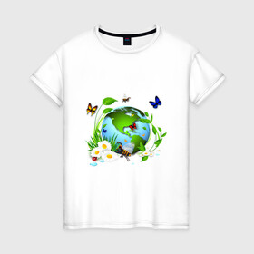 Женская футболка хлопок с принтом Чистая планета в Екатеринбурге, 100% хлопок | прямой крой, круглый вырез горловины, длина до линии бедер, слегка спущенное плечо | бабочка | бабочки | зеленая планета | зелень | земля | листья | оса | планета | пчела | растения | ромашки | цветы | чистая планета | экология