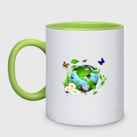 Кружка двухцветная с принтом Чистая планета в Екатеринбурге, керамика | объем — 330 мл, диаметр — 80 мм. Цветная ручка и кайма сверху, в некоторых цветах — вся внутренняя часть | бабочка | бабочки | зеленая планета | зелень | земля | листья | оса | планета | пчела | растения | ромашки | цветы | чистая планета | экология