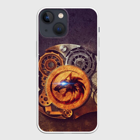Чехол для iPhone 13 mini с принтом МЕХАНИЧЕСКИЙ ВОЛК в Екатеринбурге,  |  | Тематика изображения на принте: апарат | волк | глаза | механизм | механика | неон | символ | устройство | шестерня