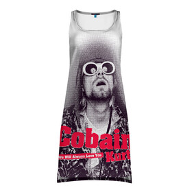 Платье-майка 3D с принтом Kurt Cobain all over в Екатеринбурге, 100% полиэстер | полуприлегающий силуэт, широкие бретели, круглый вырез горловины, удлиненный подол сзади. | 2021 | kobain | kurt cobain | nirvana | брендовые | в подарок | кобейн | курт | курт кобейн | любимой | любимому | любовь | модная | нирвана | оверсайз | с надписями | с прикольным фразами | с прикольными надписями
