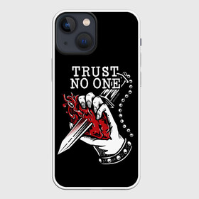 Чехол для iPhone 13 mini с принтом TRUST NO ONE в Екатеринбурге,  |  | heart | knife | no | one | text | trust | word | жизнь | кровь | надписи | не верь | никому | нож | рана | сердце | слова | текст