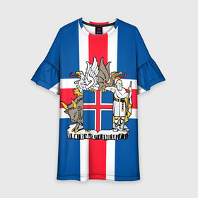 Детское платье 3D с принтом Флаг и Герб Исландии в Екатеринбурге, 100% полиэстер | прямой силуэт, чуть расширенный к низу. Круглая горловина, на рукавах — воланы | Тематика изображения на принте: бык | герб | грифон | дракон | исландии | исландия | коровы | красный | линии | орел | пастух | синий | флаг