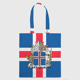 Шоппер 3D с принтом Флаг и Герб Исландии в Екатеринбурге, 100% полиэстер | Плотность: 200 г/м2; Размер: 34×35 см; Высота лямок: 30 см | бык | герб | грифон | дракон | исландии | исландия | коровы | красный | линии | орел | пастух | синий | флаг