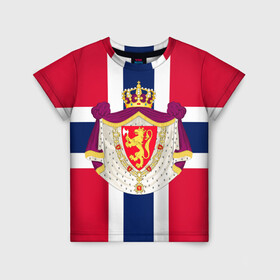 Детская футболка 3D с принтом Норвегия | Флаг и герб Норвегии в Екатеринбурге, 100% гипоаллергенный полиэфир | прямой крой, круглый вырез горловины, длина до линии бедер, чуть спущенное плечо, ткань немного тянется | герб | герб норвегии | корона | красный | лев | линии | норвегии | норвегия | синий | топор | флаг | флаг норвегии | щит