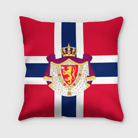 Подушка 3D с принтом Норвегия | Флаг и герб Норвегии в Екатеринбурге, наволочка – 100% полиэстер, наполнитель – холлофайбер (легкий наполнитель, не вызывает аллергию). | состоит из подушки и наволочки. Наволочка на молнии, легко снимается для стирки | герб | герб норвегии | корона | красный | лев | линии | норвегии | норвегия | синий | топор | флаг | флаг норвегии | щит